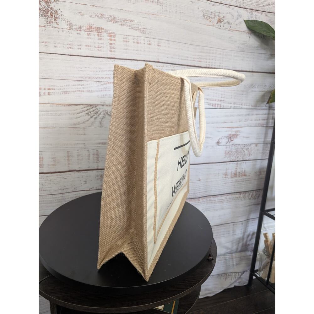 Boho "Hello Weekend" Large Burlap Jute Tote Bag Cottagecore Beach Travel NWT - Picture 5 of 9
